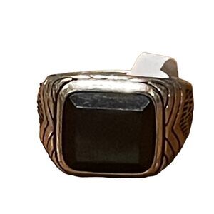 Costume jewelry silver tone ring size 10 with rectangle black center stone.